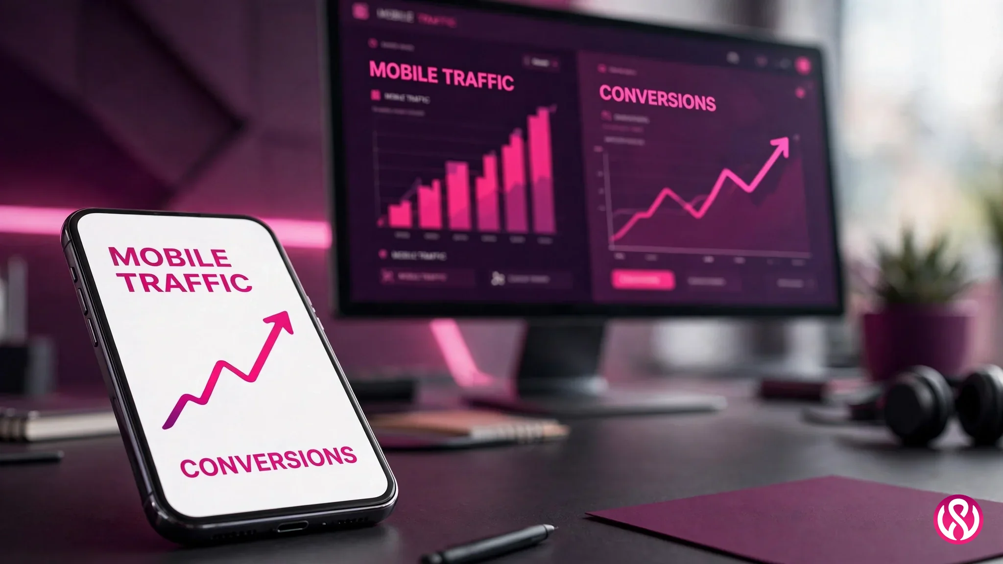 Mobile-first indexing results: rising mobile conversions on a smartphone analytics dashboard