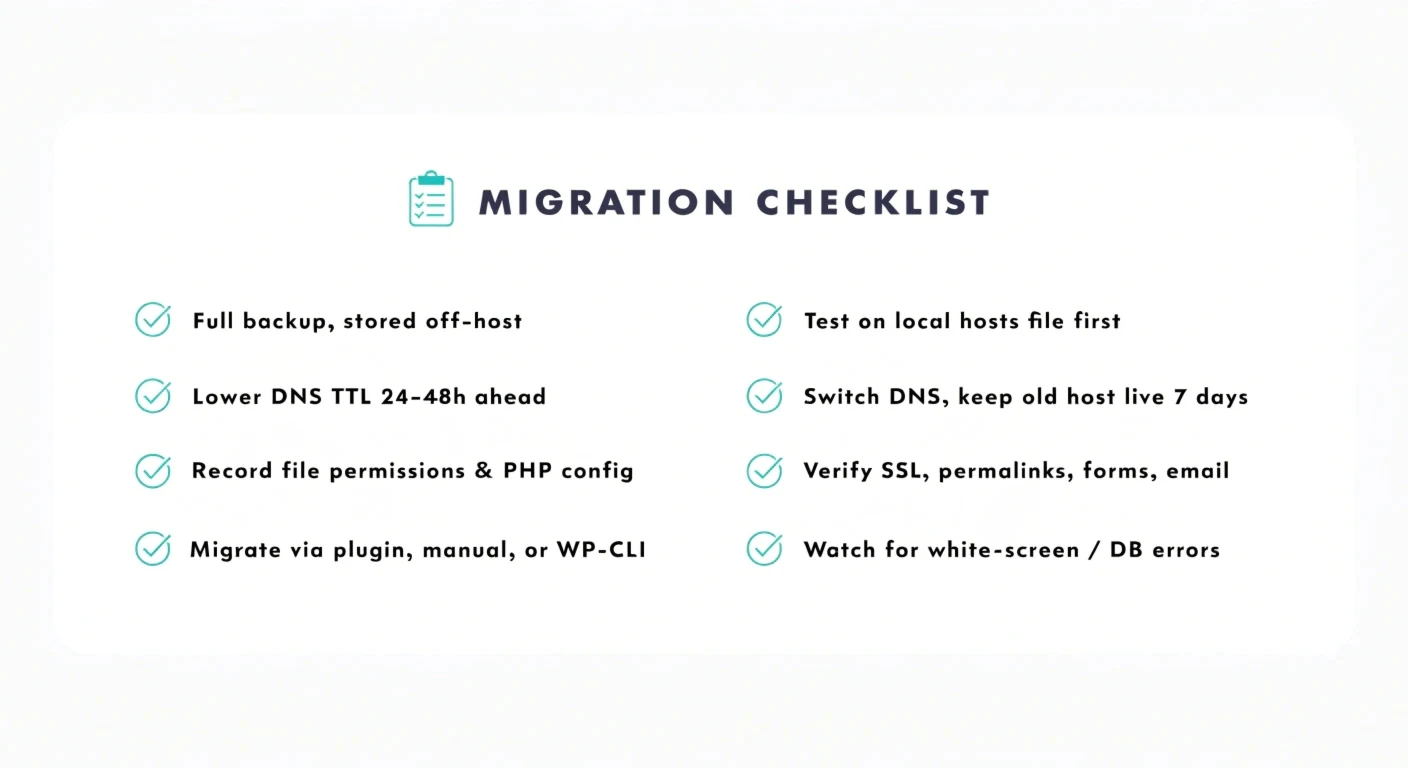 Complete checklist for moving WordPress to a new host, from pre-migration backup through post-launch DNS and email verification