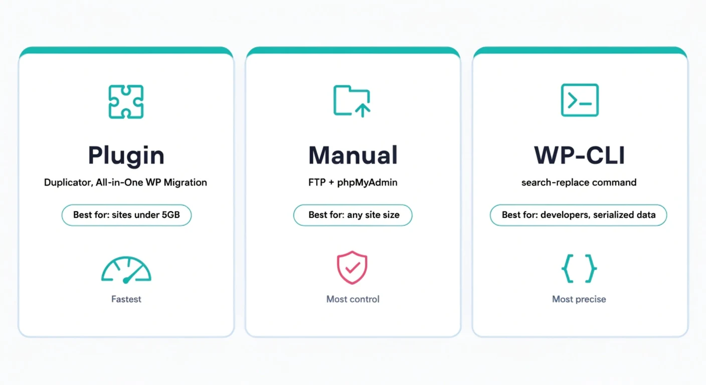 Three ways to move WordPress to a new host compared: migration plugin, manual FTP and database transfer, and WP-CLI for developers