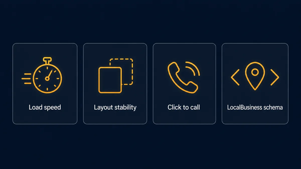 Four checks used to measure a plumbing website: load speed, layout stability, click-to-call links and LocalBusiness schema