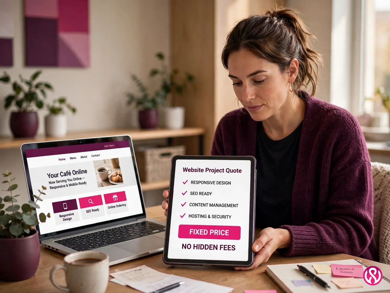 A business owner reviewing a clear fixed-price quote for a responsive website design project