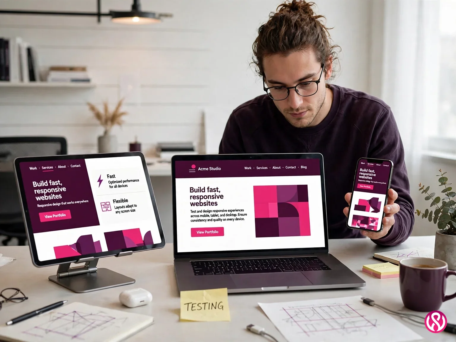 A designer testing a responsive website on a phone, tablet and laptop at the same time