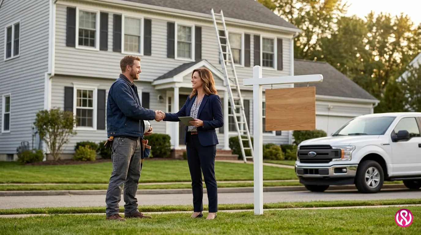 Roofer shaking hands with a real estate agent outside a house for sale, a common roofing referral partner