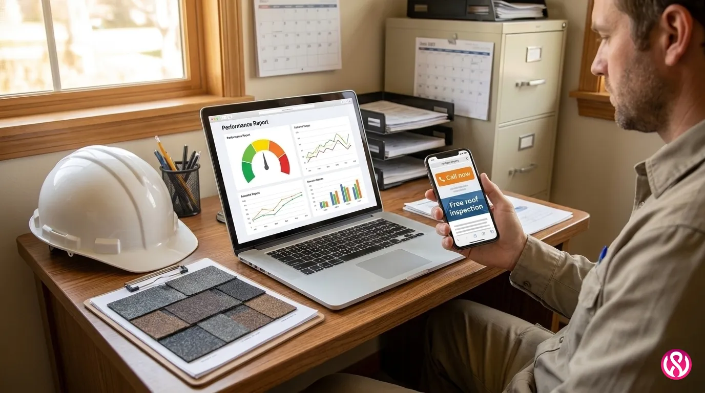 Roofing contractor at a desk checking a website speed report on a laptop while holding a phone