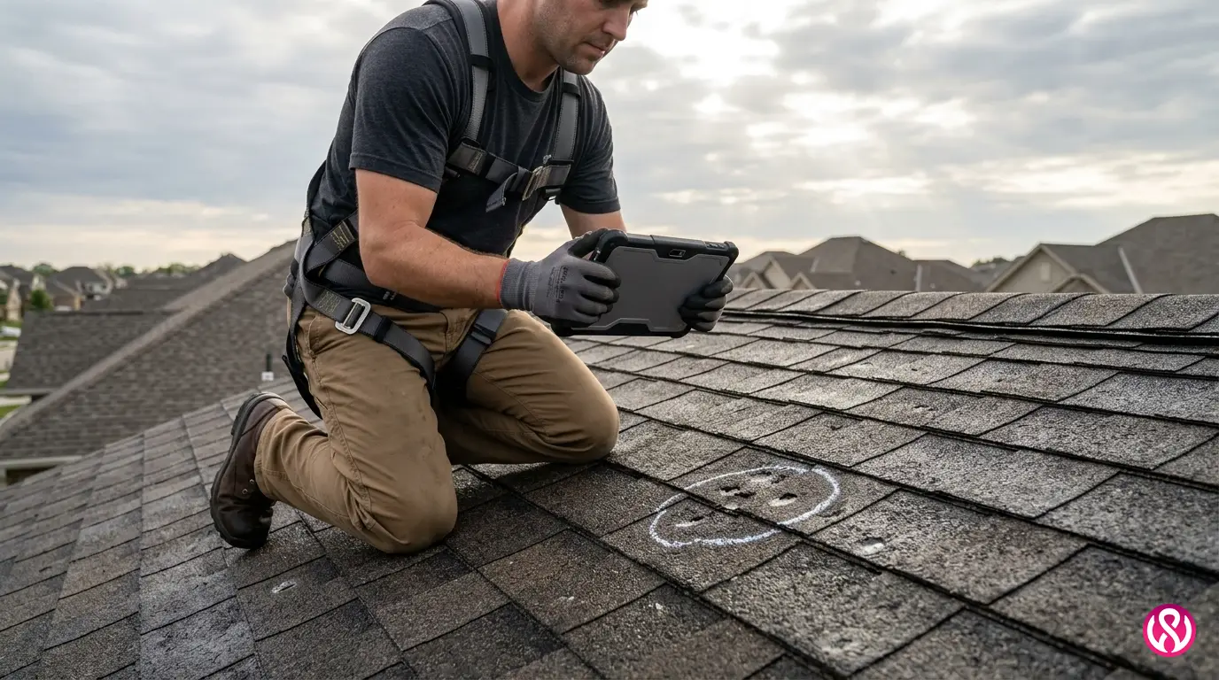 Roofer photographing hail damage on shingles with a tablet to build a storm inspection report