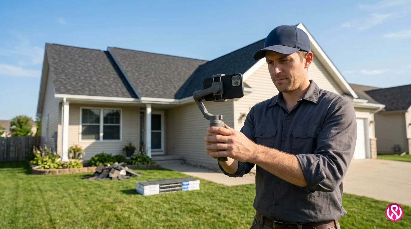 Roofer filming a short video of a finished roof on a phone for roofing social media marketing