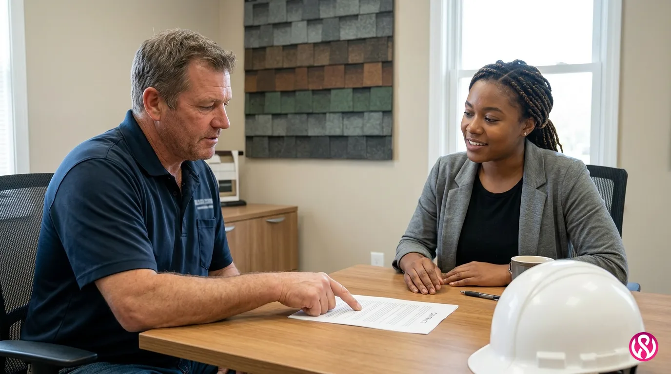 Roofing company owner reviewing a roofing SEO contract with an agency representative