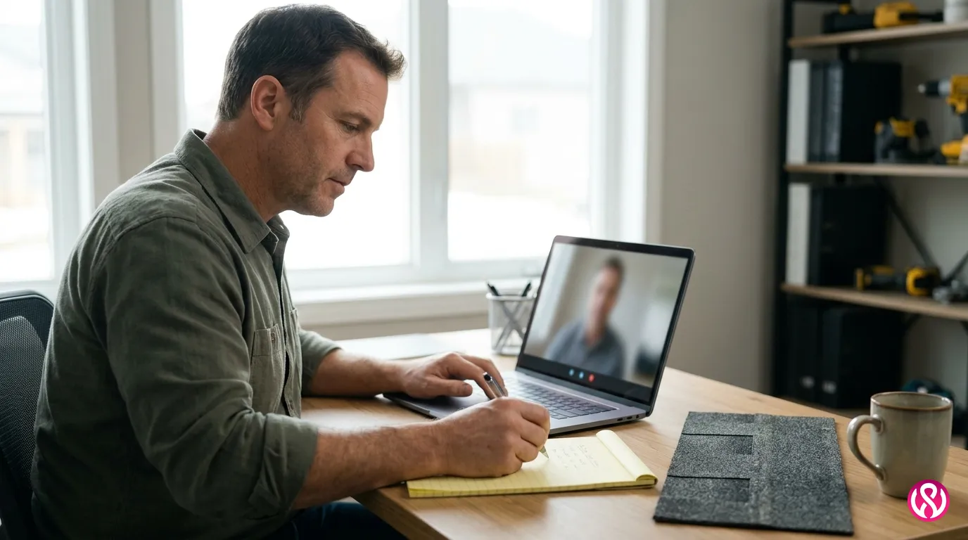 Roofing company owner on a video call with an SEO agency, taking notes before hiring