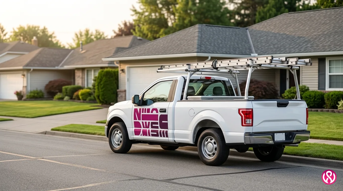 Roofing company pickup truck with bold side lettering parked on a suburban street, part of roofing marketing