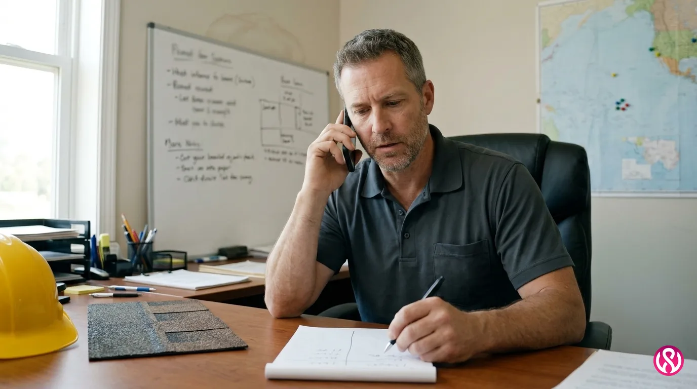 Roofing contractor at an office desk reviewing shared and exclusive roofing leads on a phone and notepad