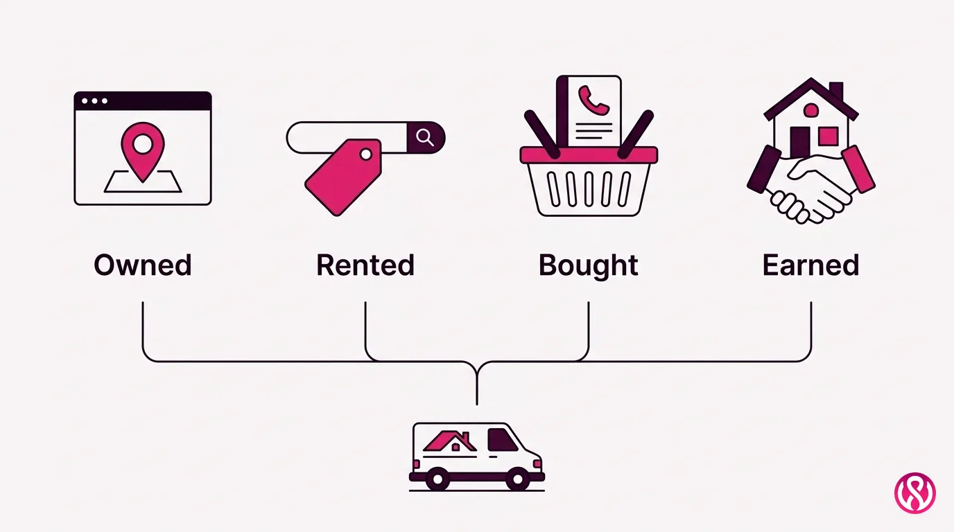 Illustration of the four roofing lead sources: owned, rented, bought and earned channels