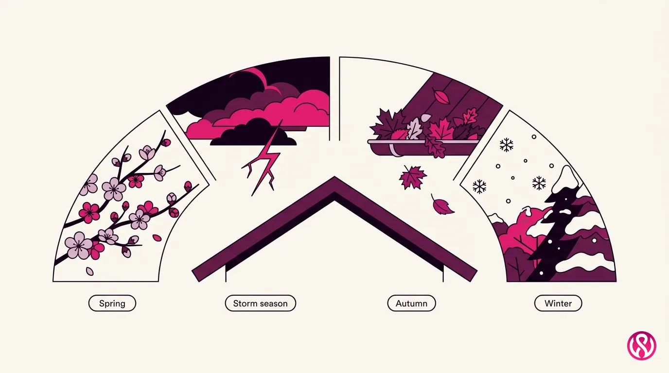 Illustration of a roofing marketing calendar by season, with a roof under spring, summer storm, autumn and winter skies