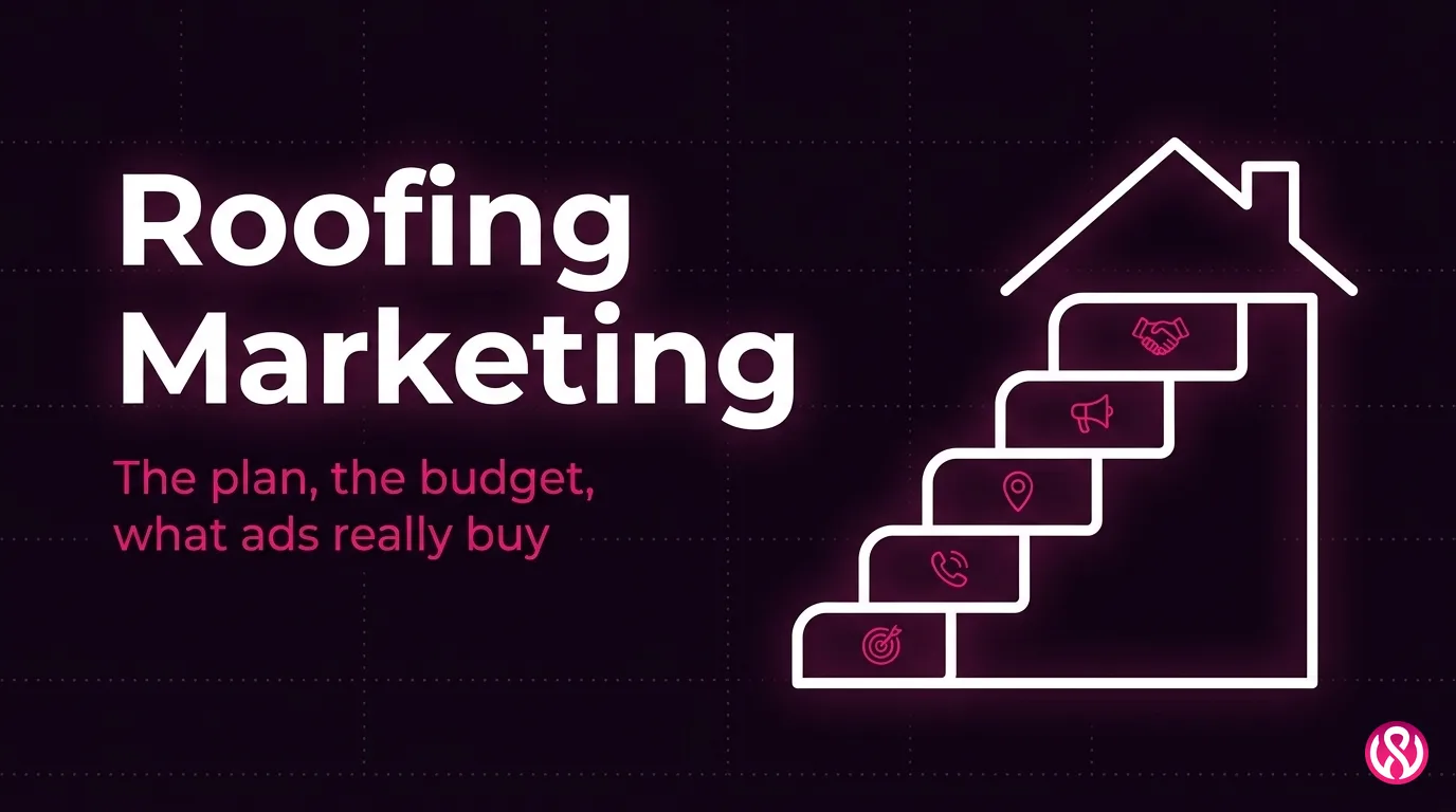 Roofing marketing guide cover with a step-by-step marketing plan leading up to a house roof