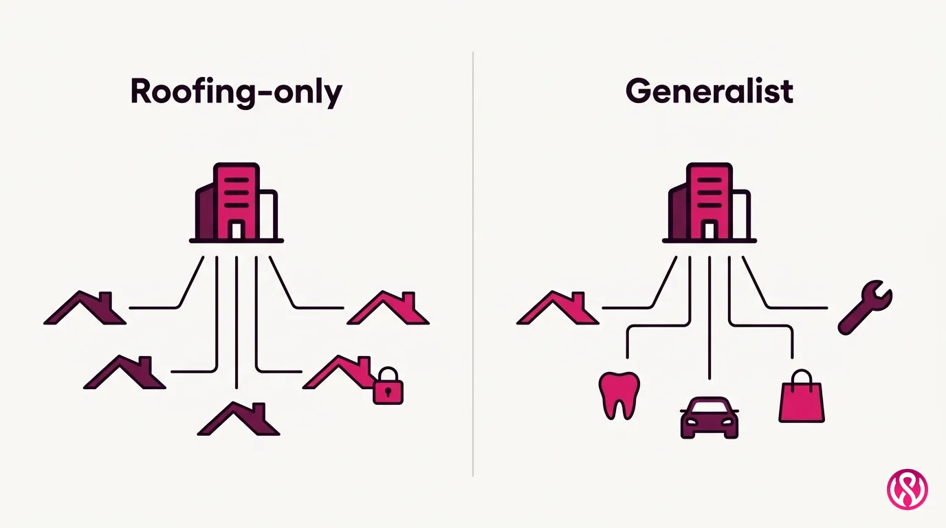 Illustration comparing a roofing-only SEO agency with a generalist agency serving many industries