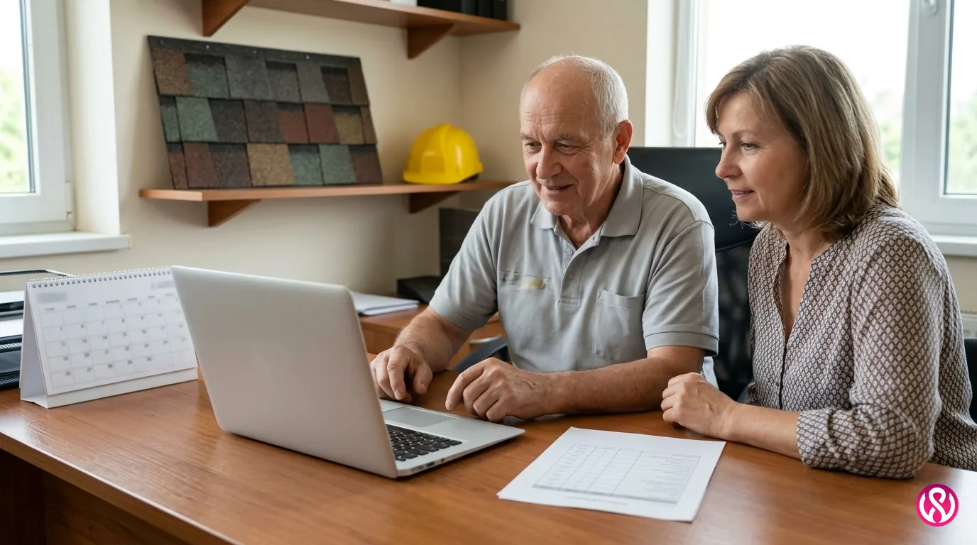 Roofing company owner and office manager planning a marketing budget at a desk with a calendar