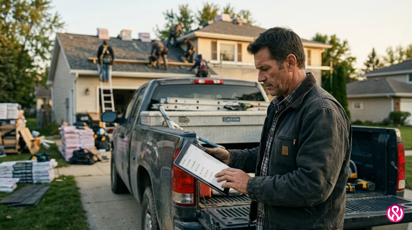 Roofing contractor reading a roofing SEO audit on a tablet at a truck tailgate on a job site