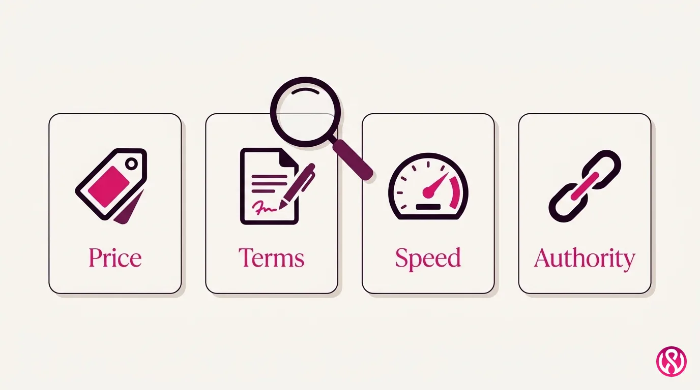Illustration of how roofing SEO companies were compared on price, terms, speed and authority