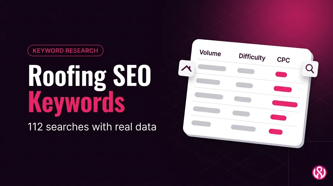 Roofing SEO Keywords cover with a data table of roofing searches showing volume, difficulty and cost per click