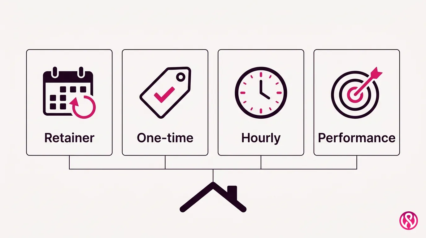 Illustration of four roofing SEO pricing models: monthly retainer, one-time project, hourly and performance-based