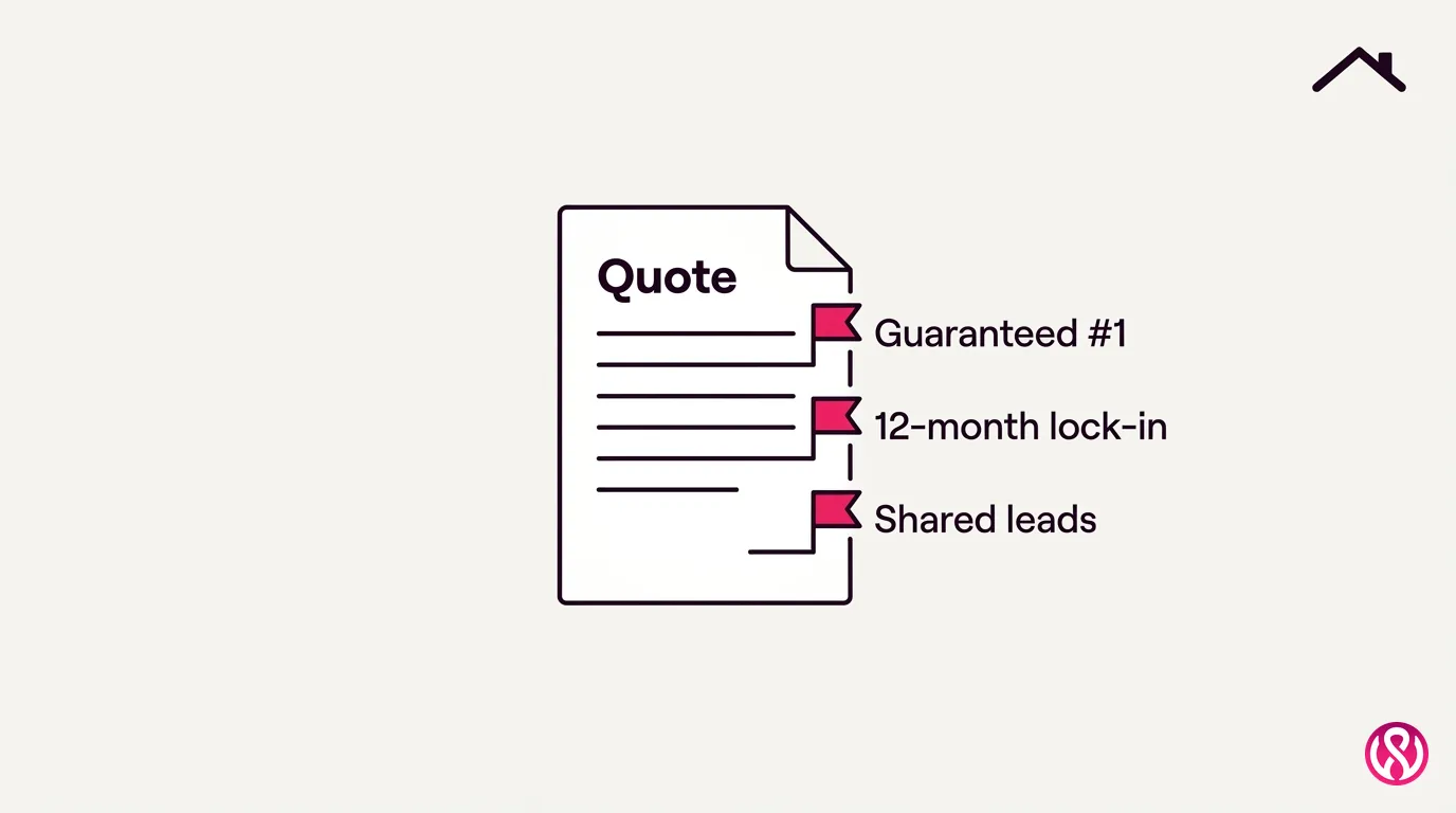 Illustration of red flags in a roofing SEO quote, including guaranteed rankings and long lock-in contracts