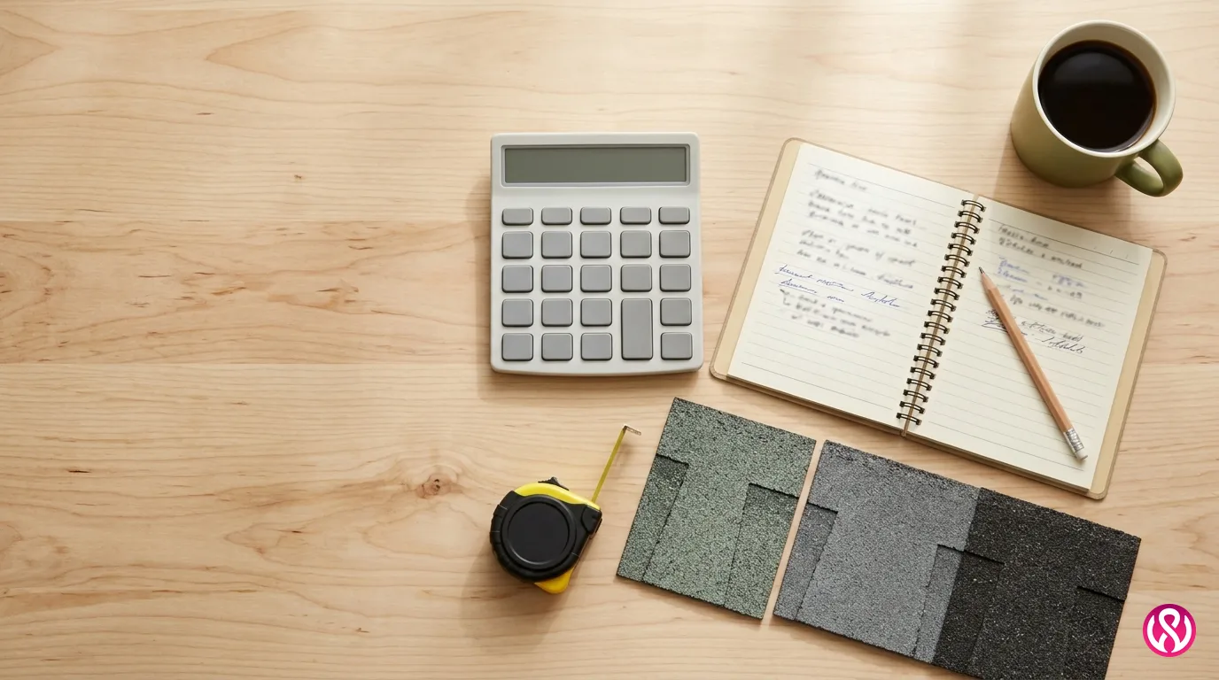 Flat lay of a calculator, notepad and shingle samples used to work out roofing SEO ROI