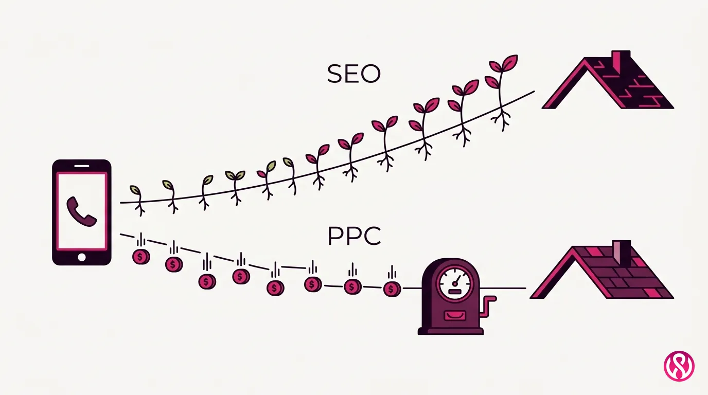 Illustration of SEO and PPC as two paths to roofing calls, organic growth versus paid clicks
