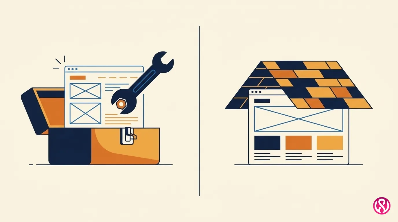 Illustration comparing fixing an existing roofing website with rebuilding it from scratch