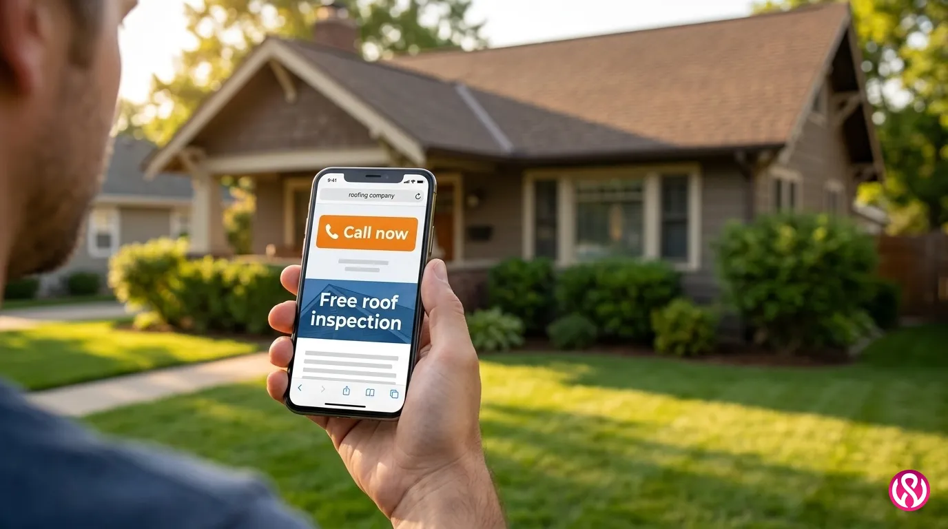 Homeowner on a phone tapping a call button on a roofing company website with a free roof inspection offer