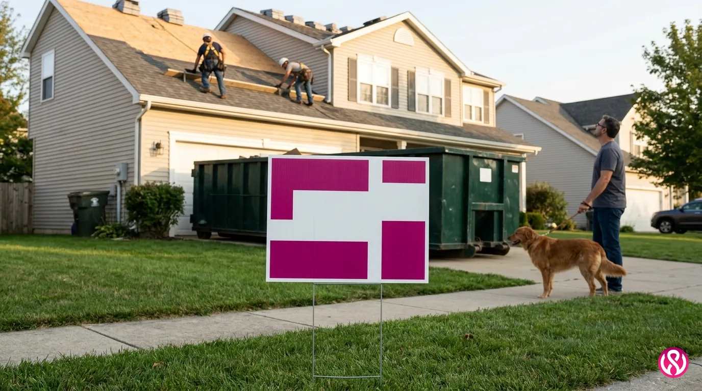 Roofing yard sign on a front lawn while a crew replaces the roof behind it