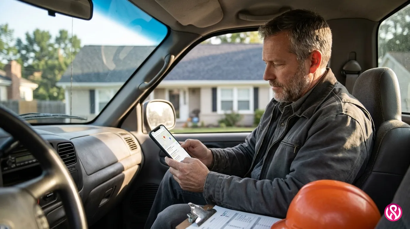 Roofing company owner in a work truck checking where his business appears in local search results on a phone