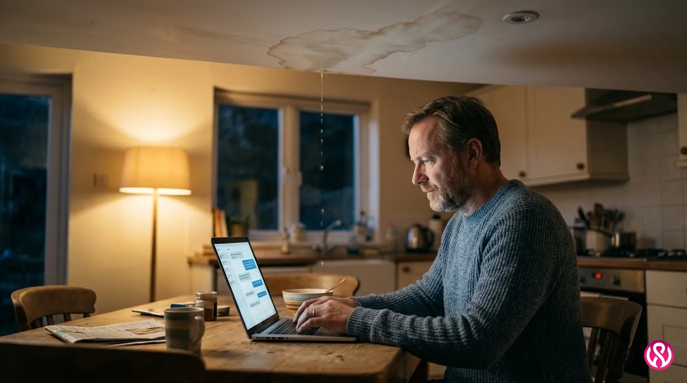 Homeowner at a kitchen table asking an AI assistant on a laptop about a roof leak, with a water stain on the ceiling above