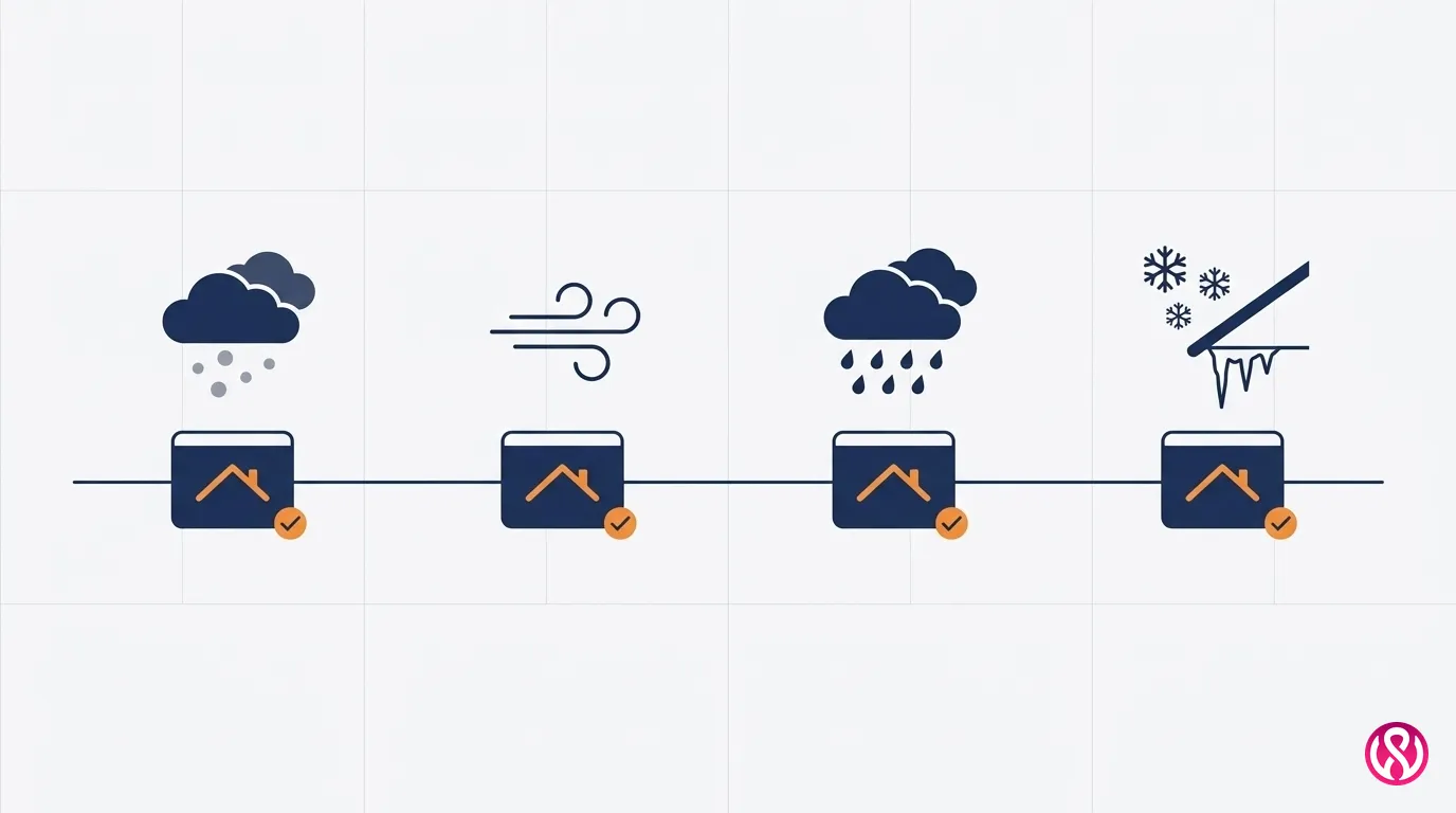 Illustration of storm pages for hail, wind, rain and ice damage prepared ahead of each roofing season