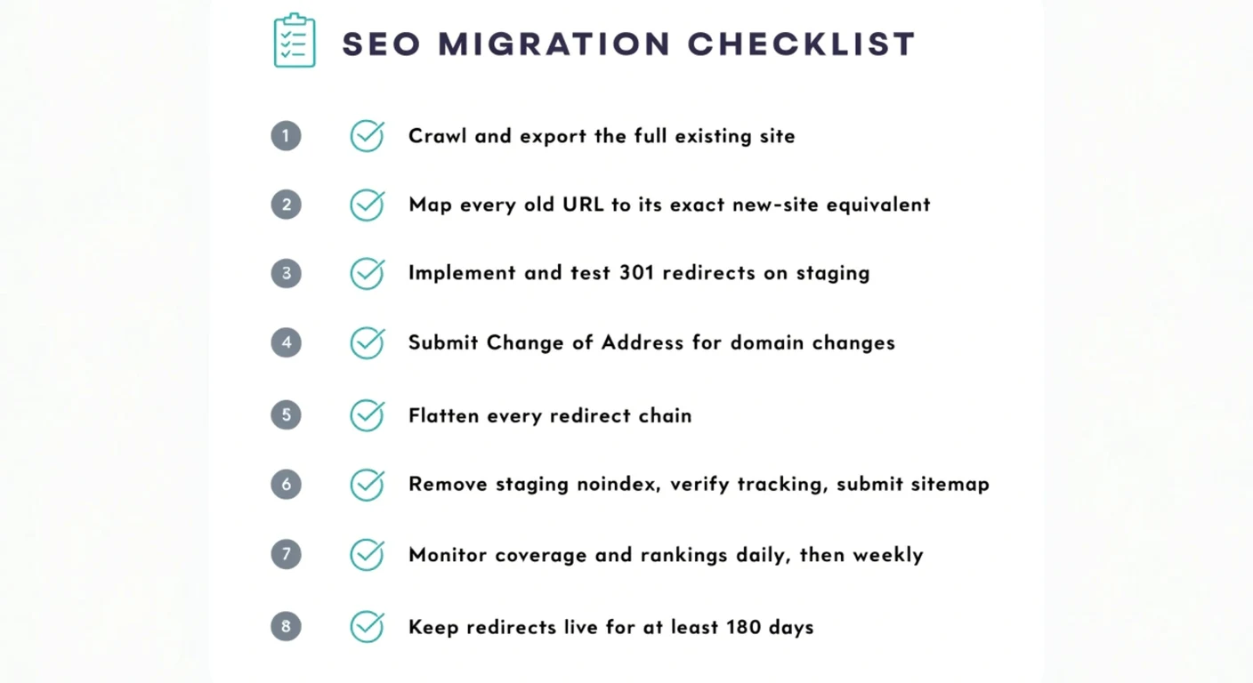 Eight-step SEO migration checklist from pre-migration audit through 180-day redirect maintenance