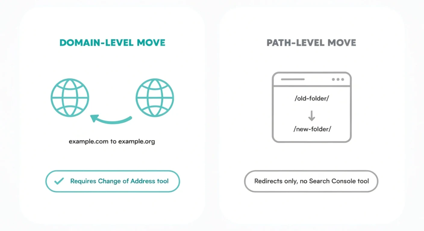 Comparison diagram of domain-level SEO migration versus path-level URL restructuring, showing which one requires Google's Change of Address tool