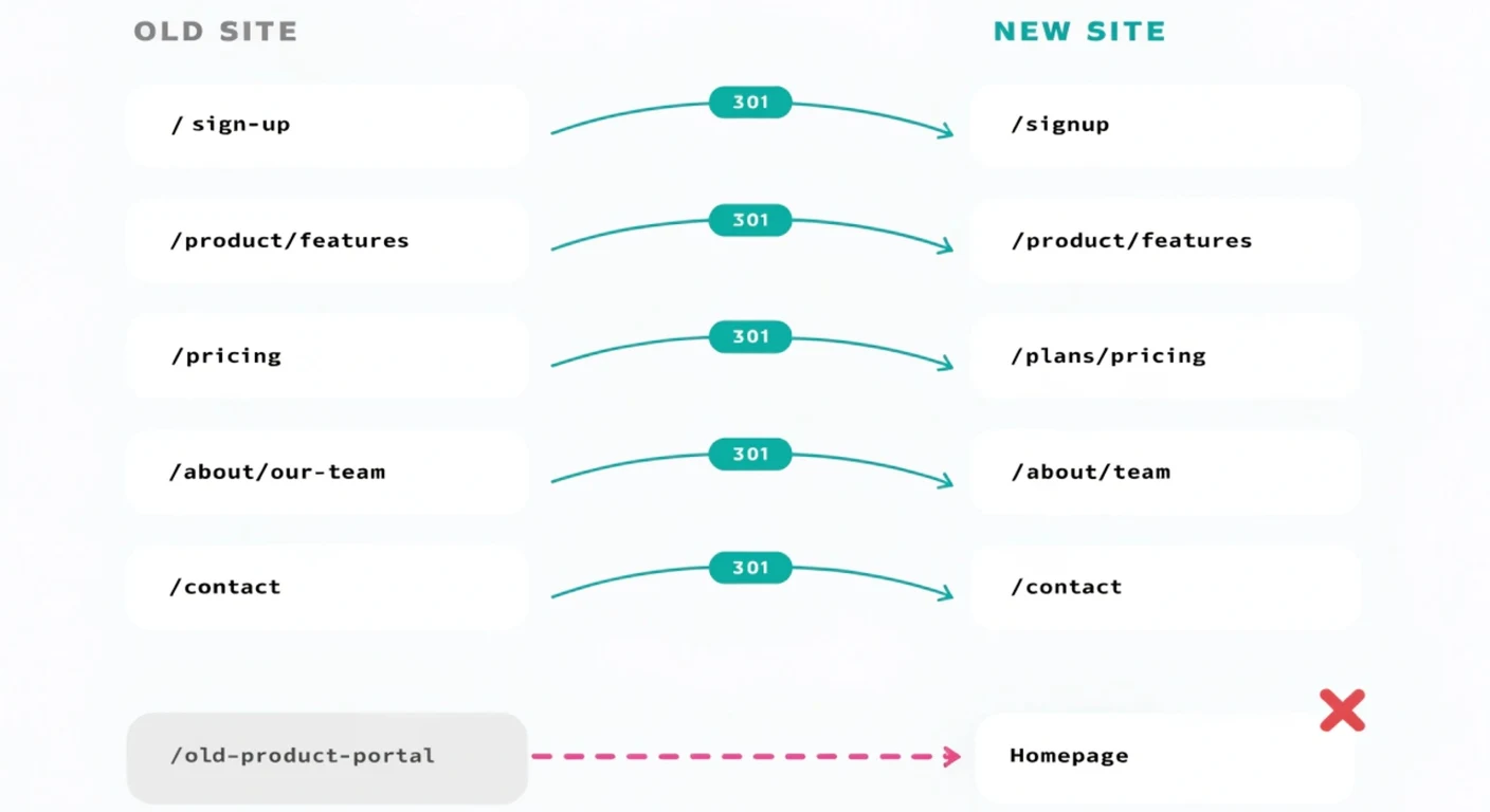 SEO migration URL mapping flow showing every old URL 301 redirected to its exact new-site equivalent, passing ranking signal forward