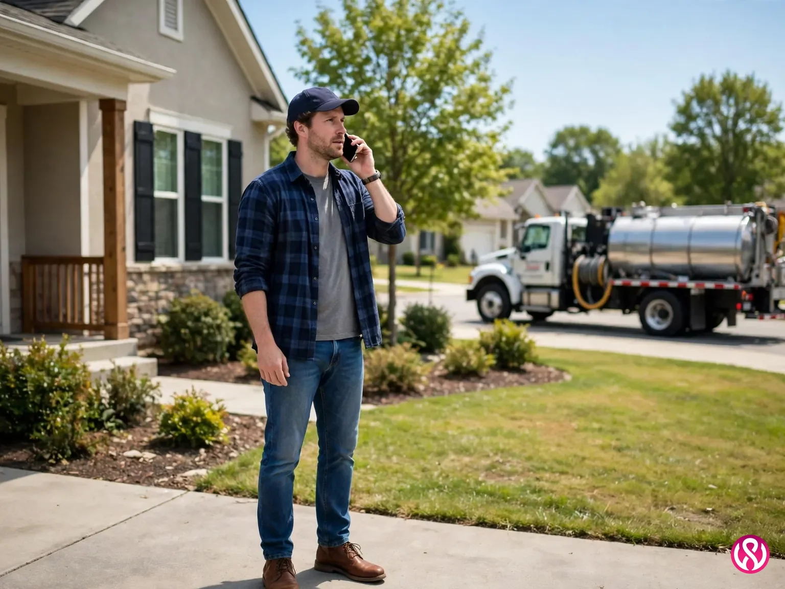 Septic service website: a homeowner calling a septic company from a smartphone outside their home, with a service truck in the background