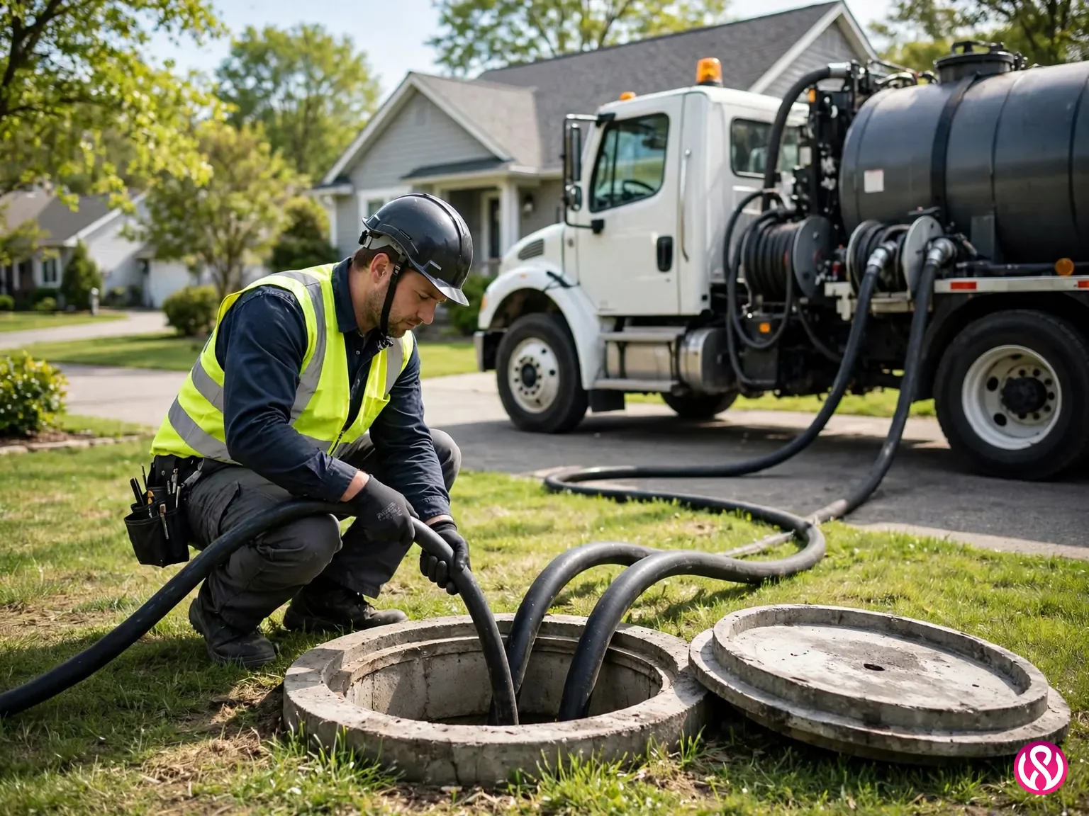 Septic company website design: a technician pumping a septic tank at a home, with hoses and a pump truck on site