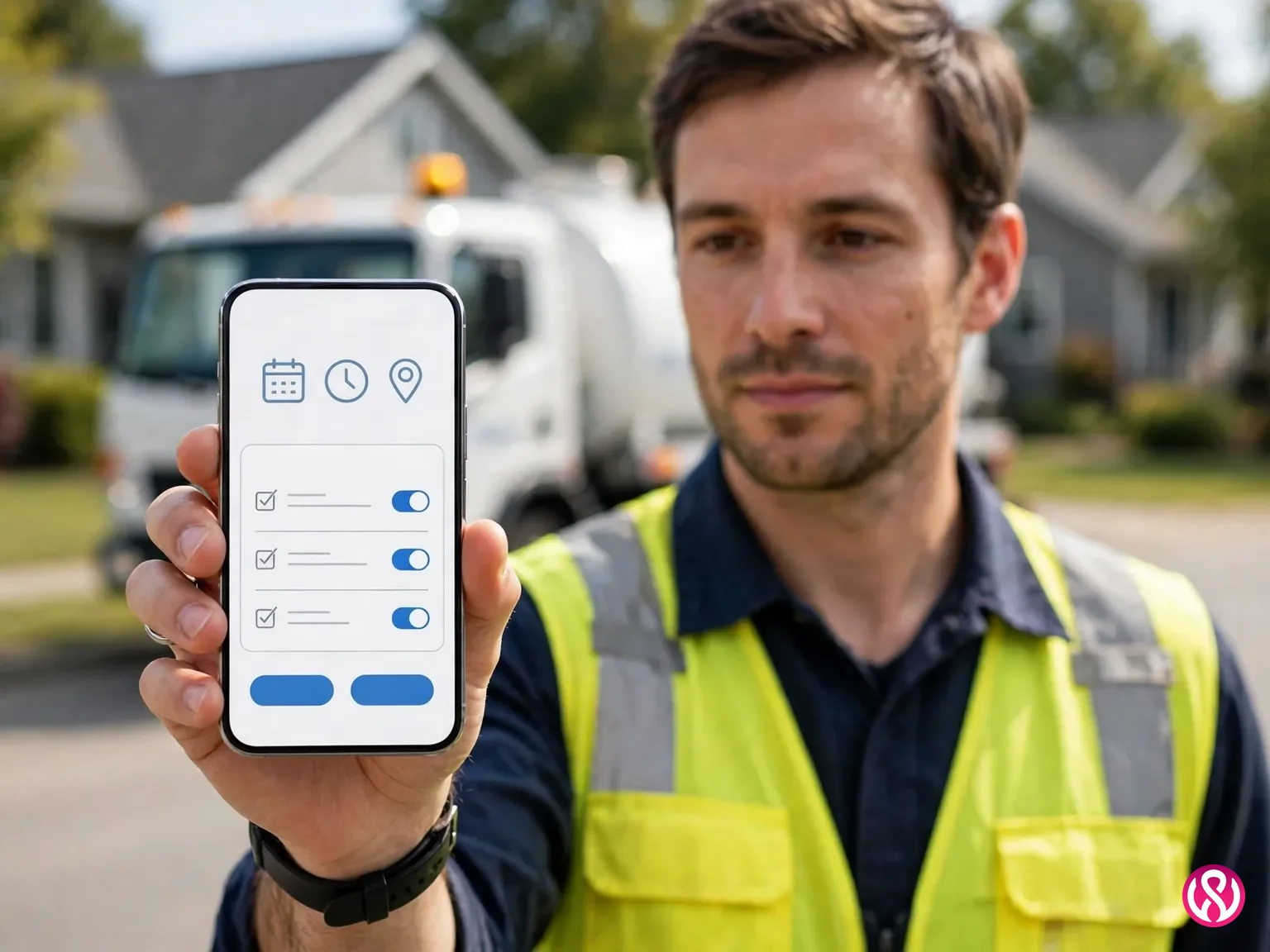 Septic service website design: a septic company quote request on a phone, asking for tank details and service town