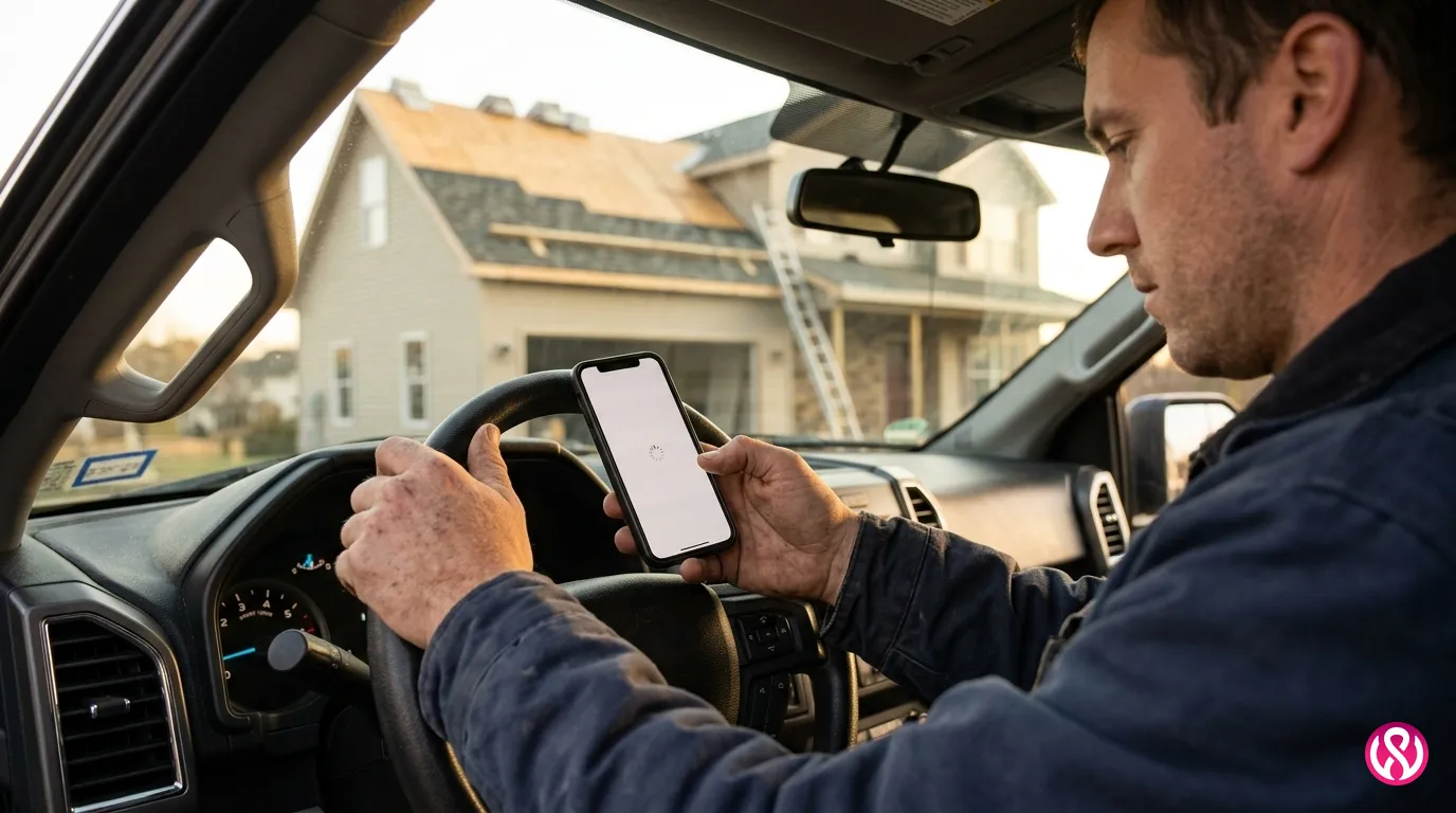 Roofer waiting for a slow marketing agency website to load on a phone in a truck