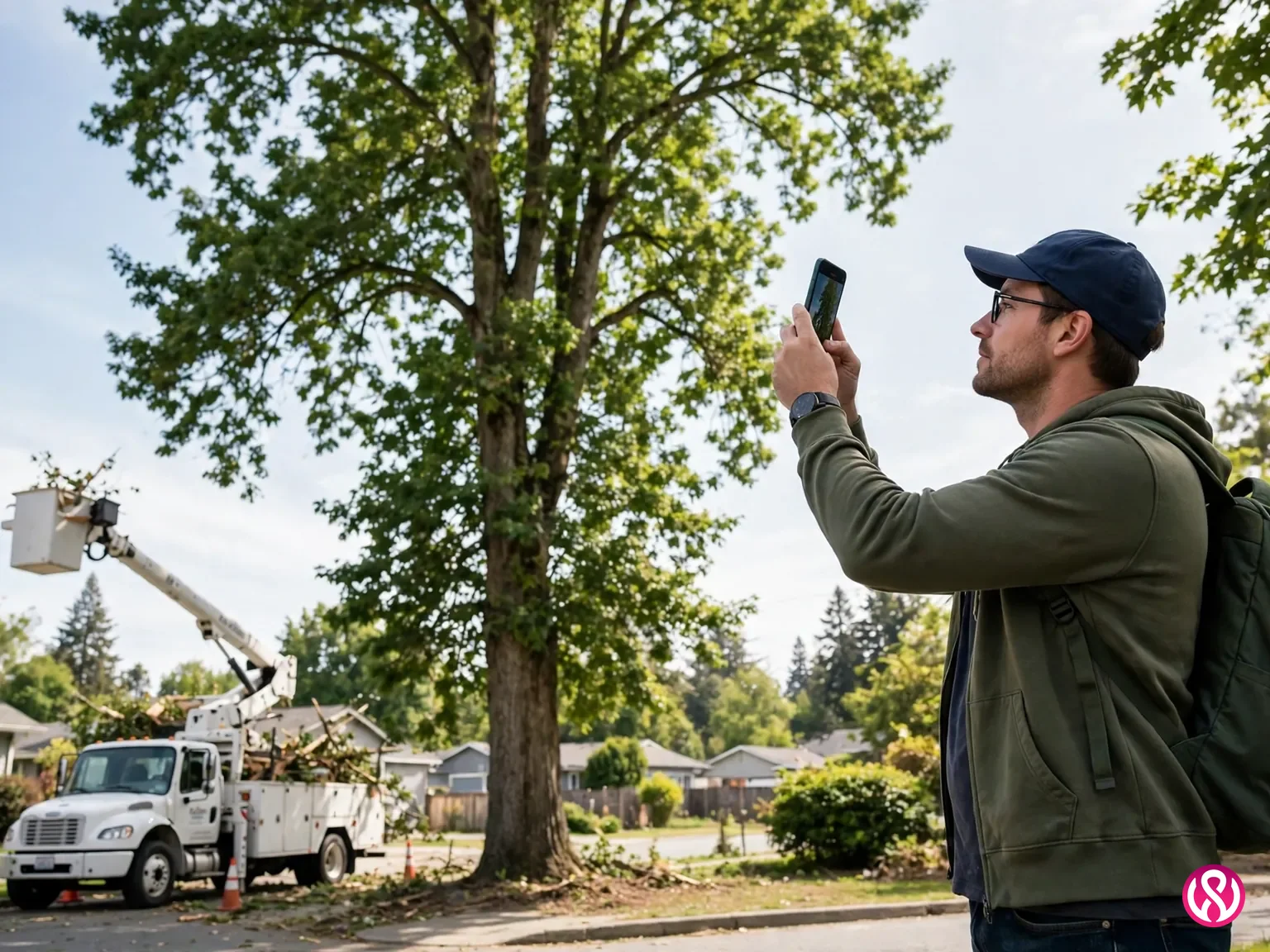 Tree service website design: a homeowner photographing a tall tree with a smartphone to request a photo estimate