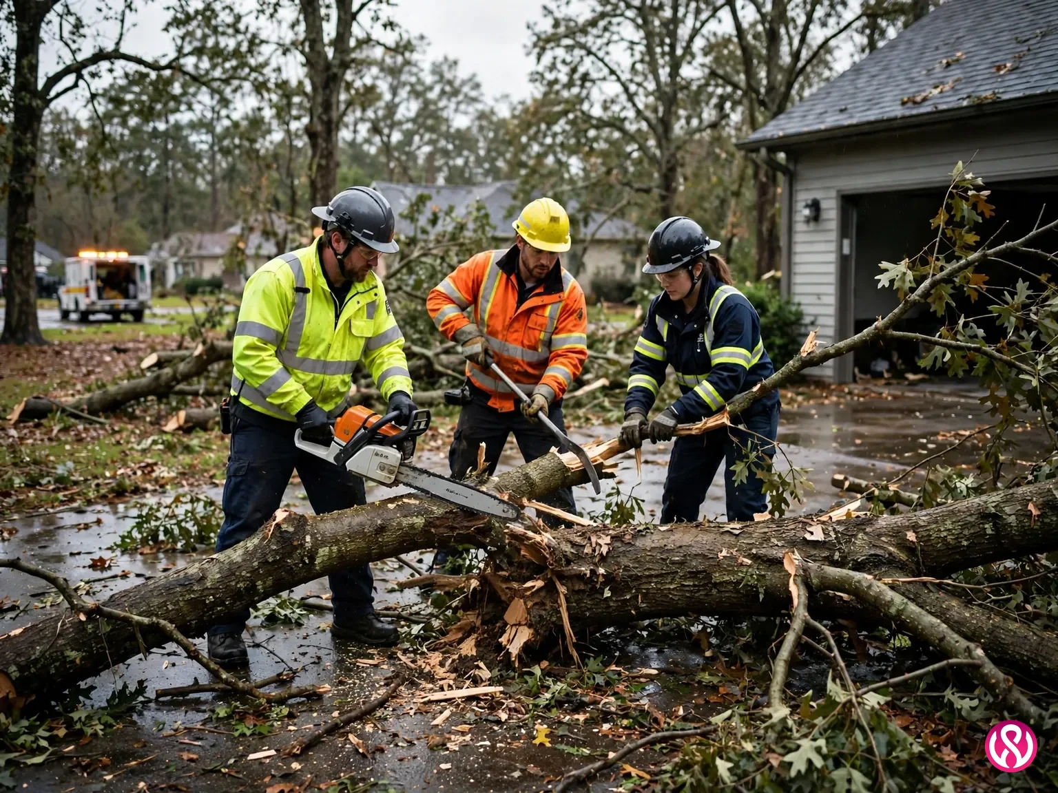 Tree service website design: an emergency crew clearing a storm-damaged tree from a driveway