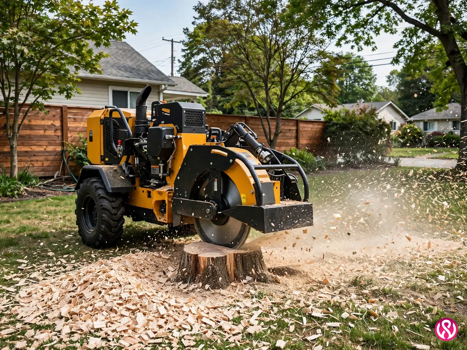 Tree service website design: a stump grinding machine at work in a suburban yard