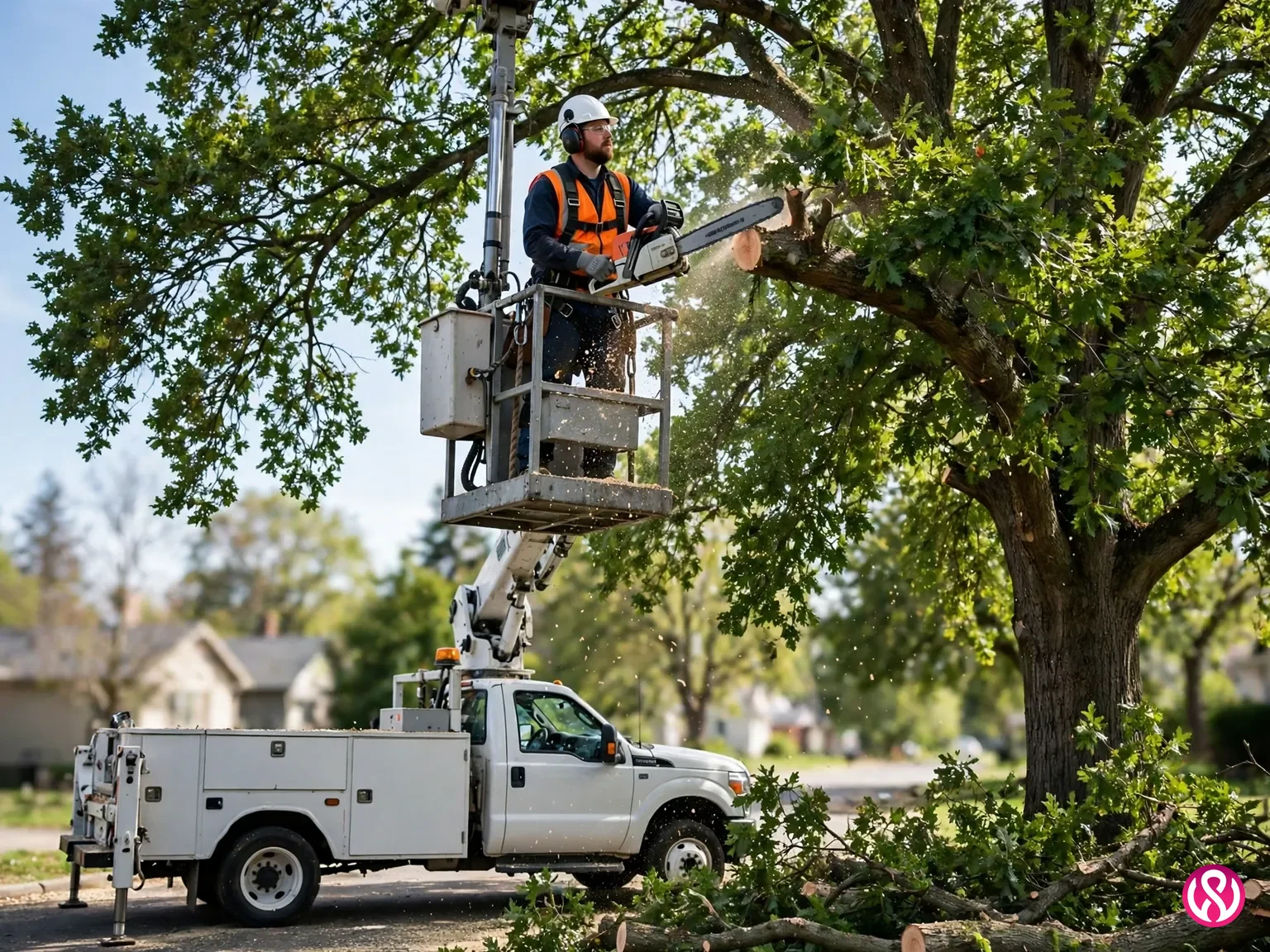 Tree service company website design: an arborist trimming a large tree from a bucket truck