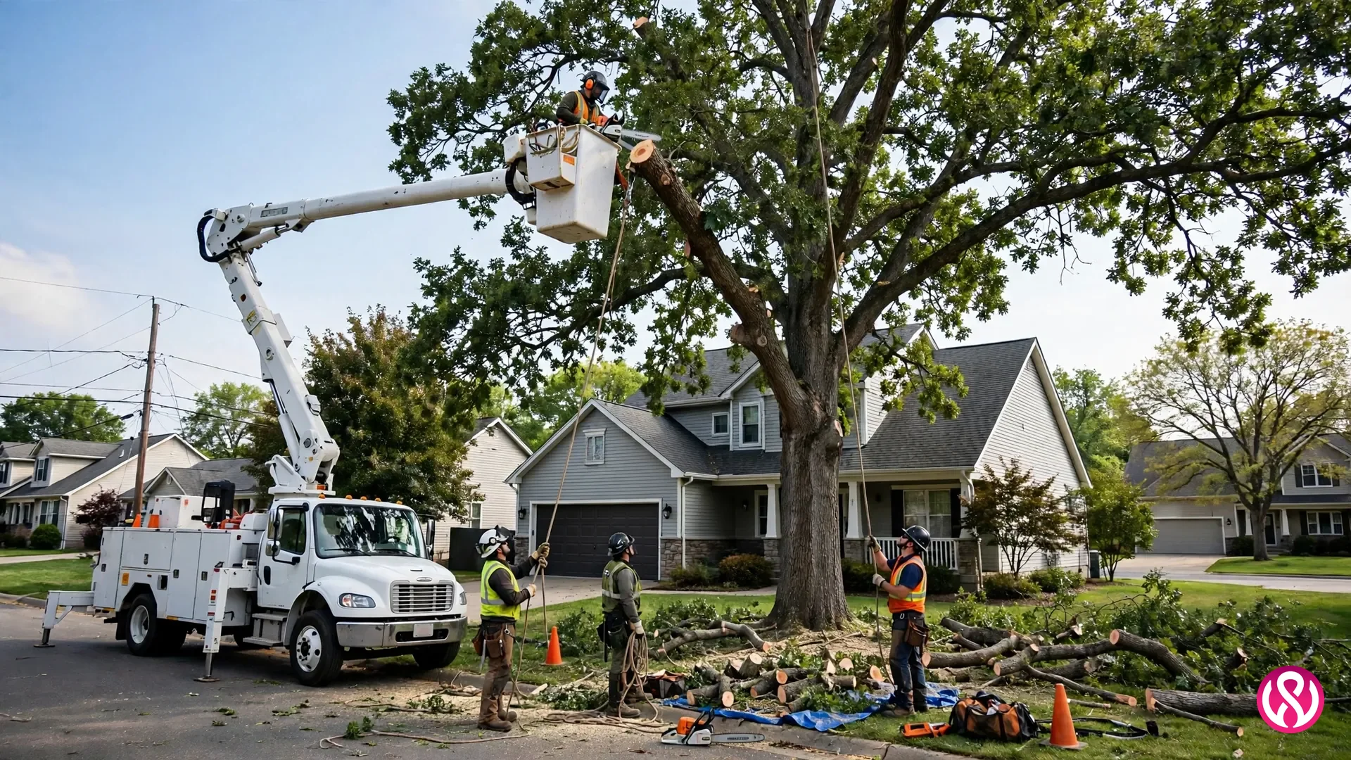 Tree service website design: an arborist crew removing a large tree with a bucket truck at a suburban home