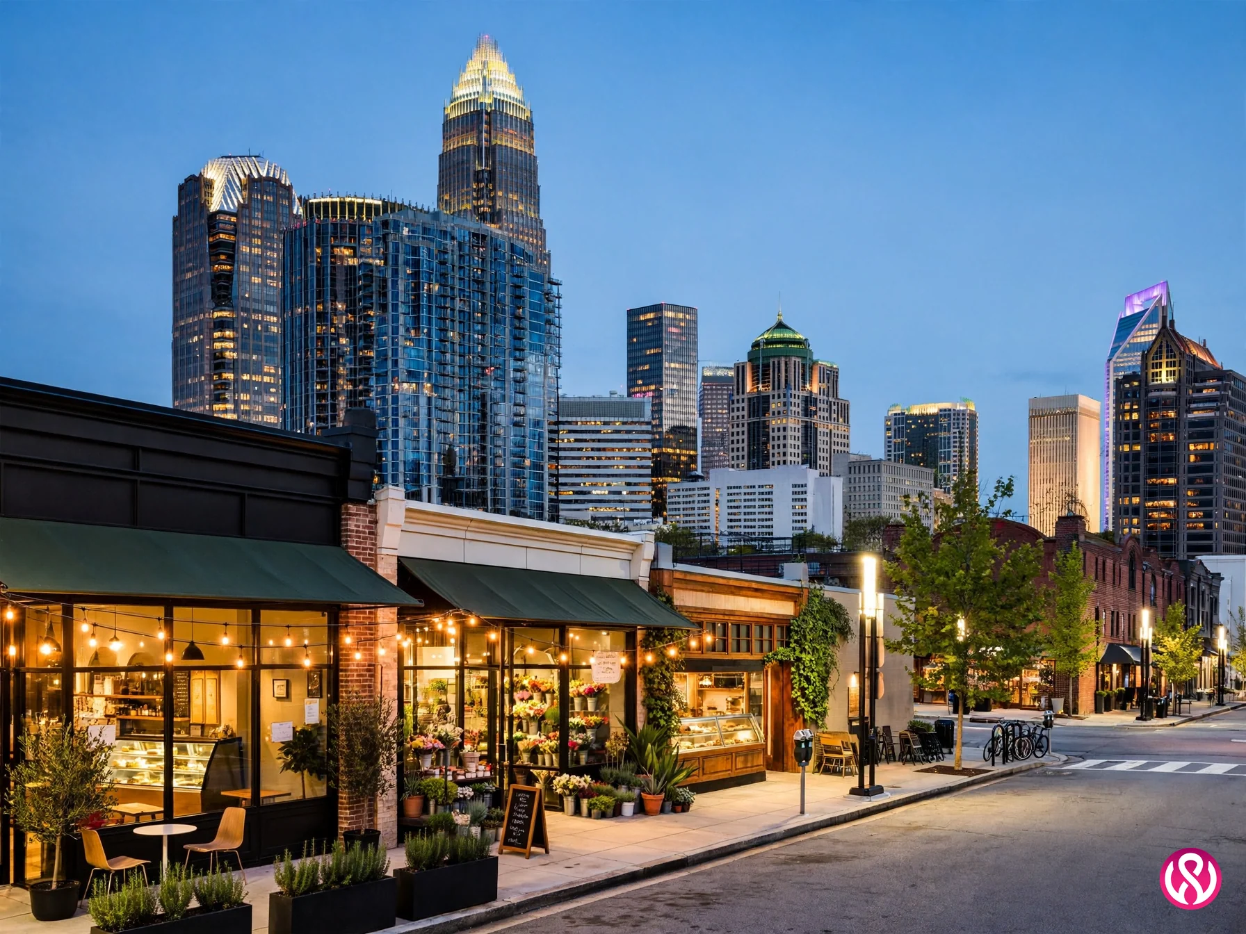 Uptown Charlotte skyline at dusk, the Queen City market where fixed-price web design undercuts the agency norm