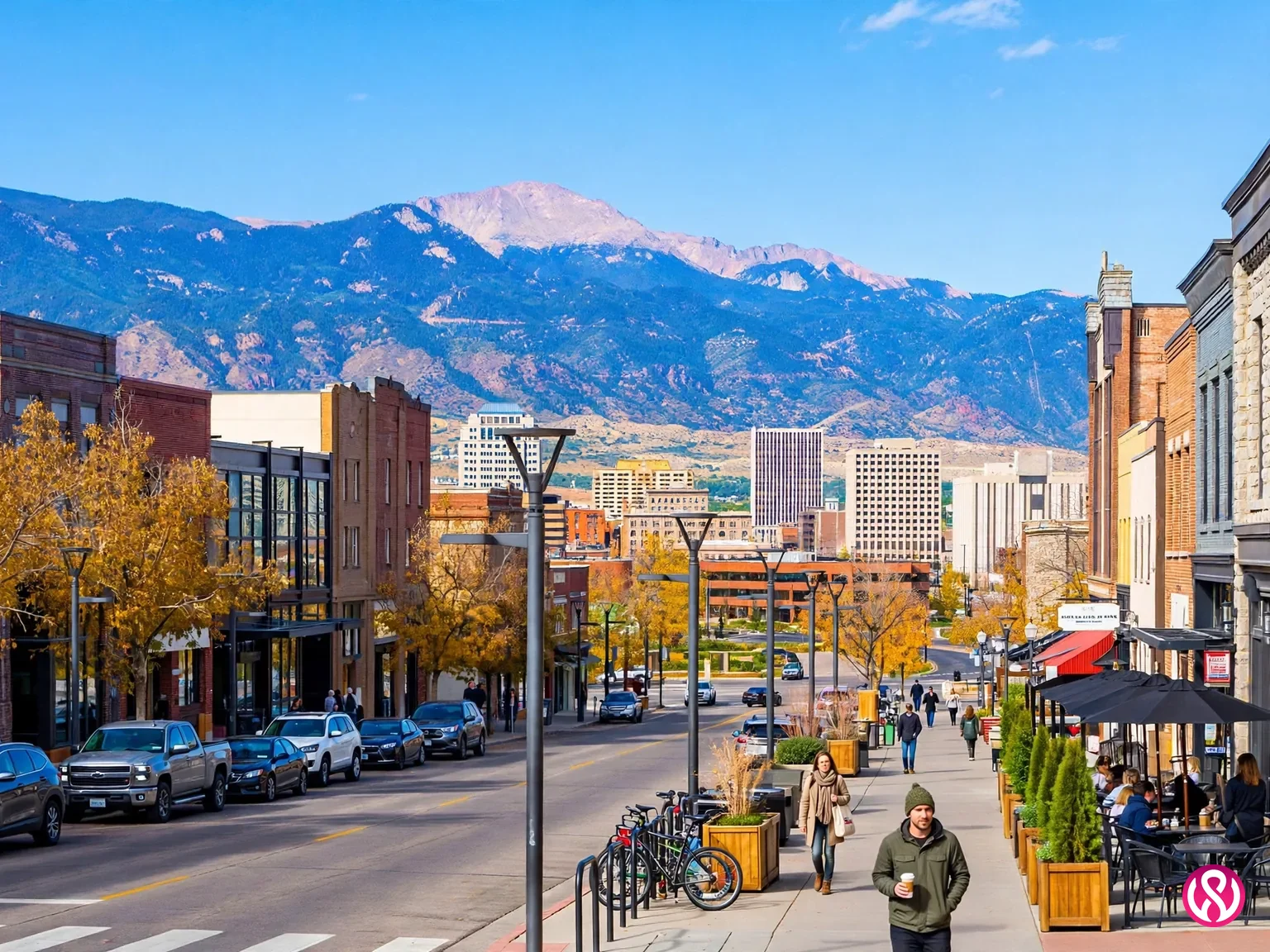 Downtown Colorado Springs business district with Pikes Peak behind it, the market where fixed-price web design undercuts the monthly-rent norm