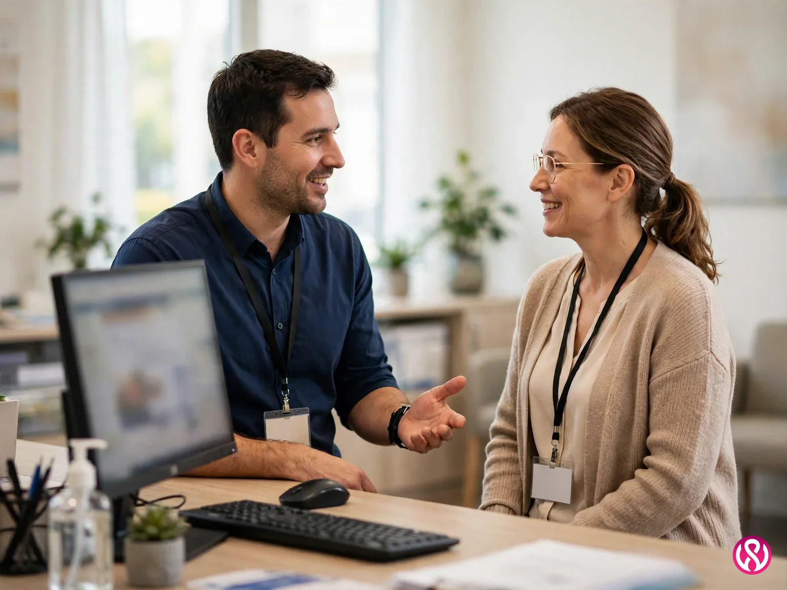 MSP client visit: an IT technician talking with a clinic practice manager at a reception desk computer