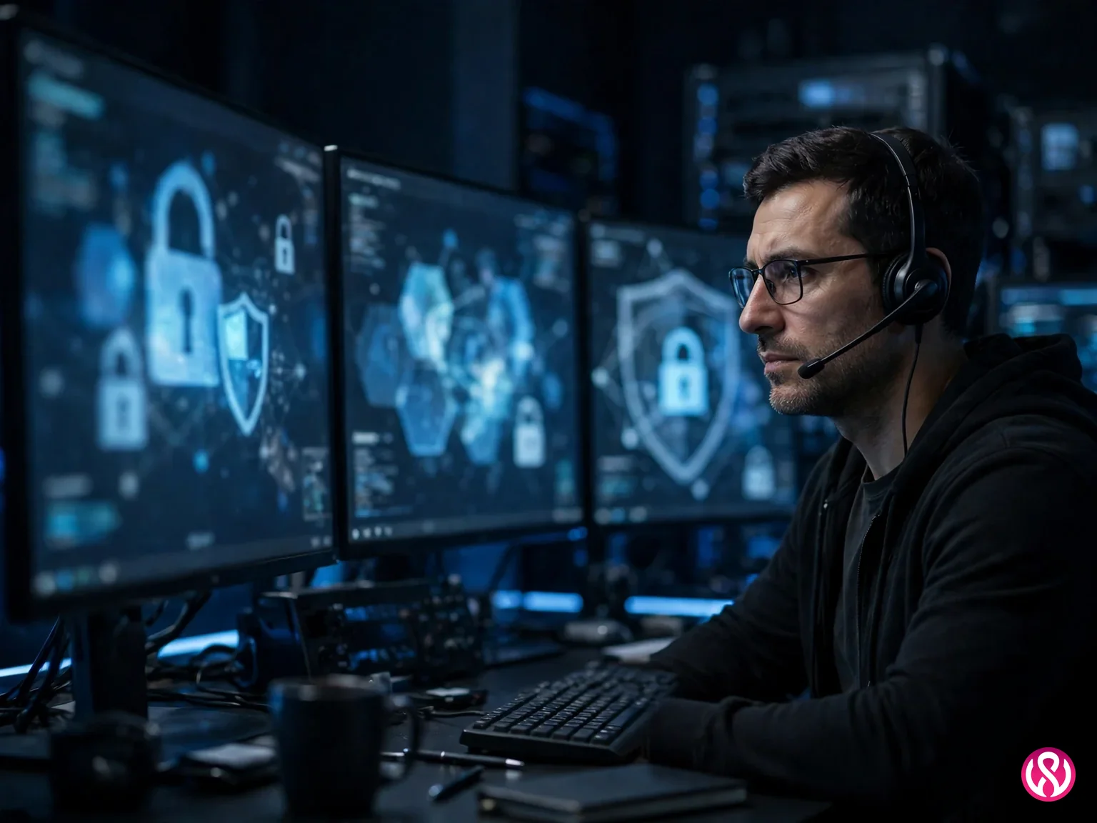 MSP cybersecurity: an engineer monitoring security dashboards with lock and shield graphics in a dark operations room