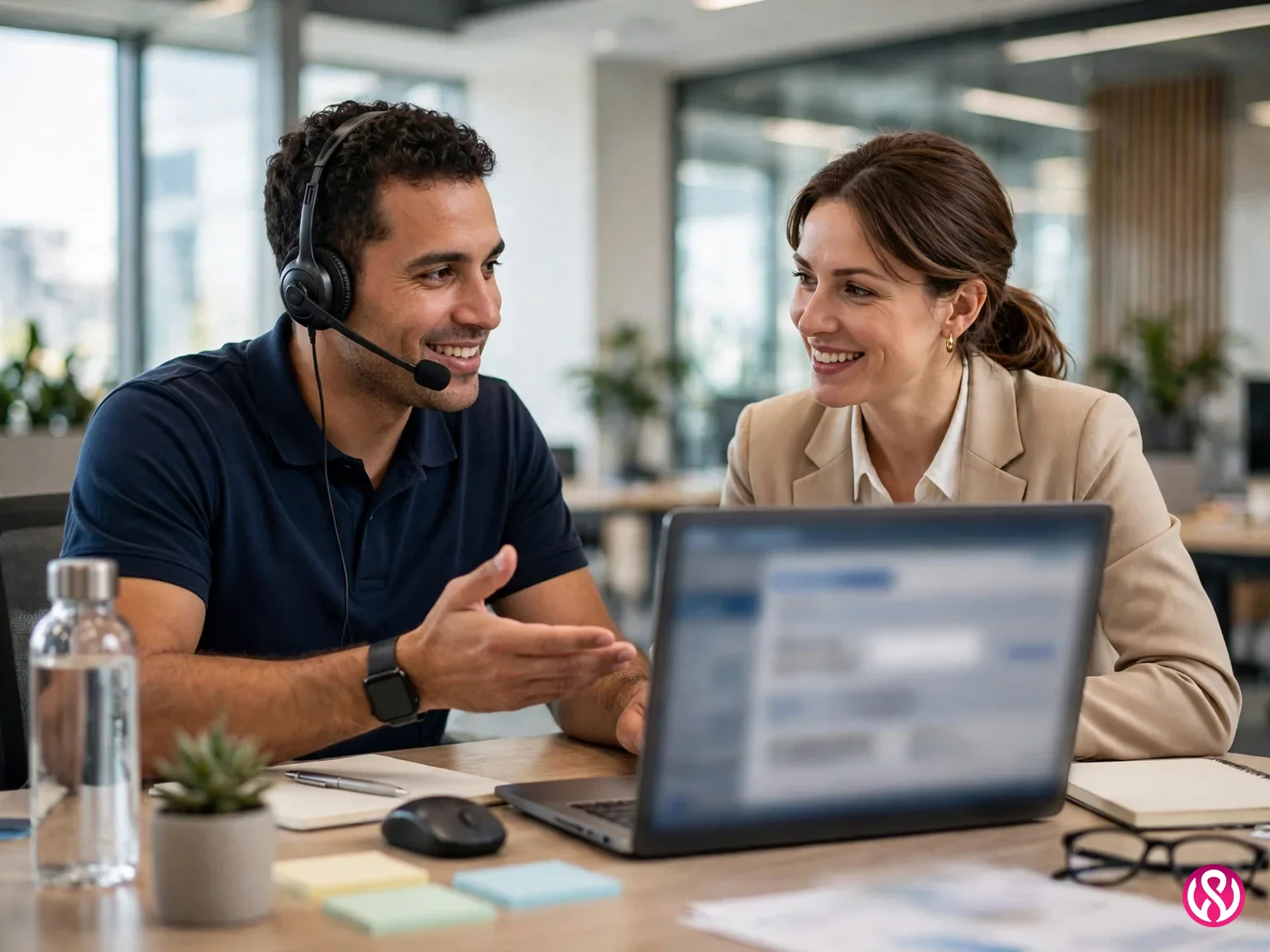 MSP helpdesk support: a technician with a headset helping a business client at a desk with a laptop