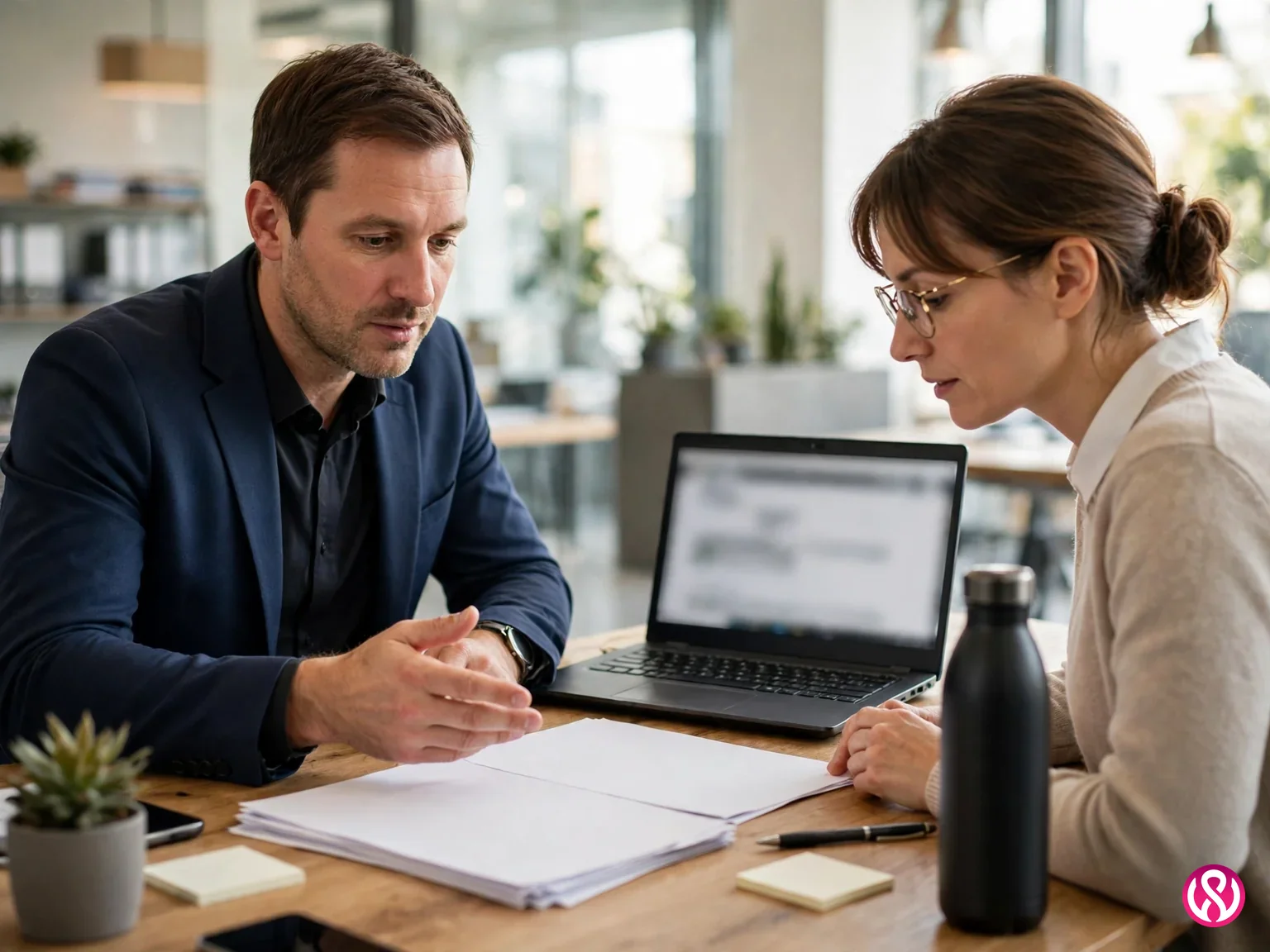 MSP service plan meeting: an MSP owner and a business client reviewing plan documents and a laptop at a table